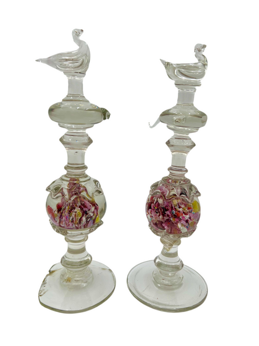 Pair of Victorian Sulphide Blown Glass Necklace Holders – Bird Finials with Multicolor Inclusions – 19th Century Vanity Treasures