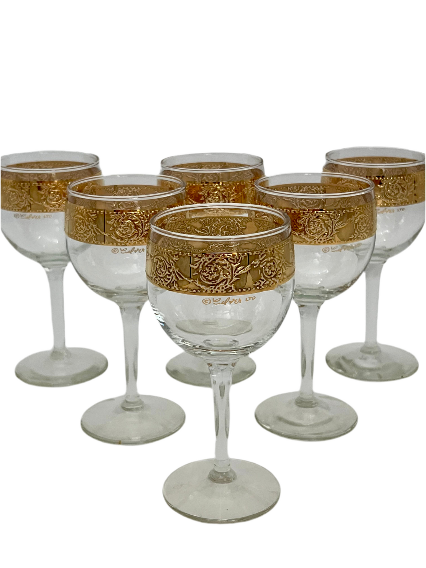 VINTAGE CULVER LTD “ROSETTE” 22K GOLD EMBOSSED WINE GLASSES – SET OF SIX – RARE MID CENTURY HOLLYWOOD REGENCY STEMWARE