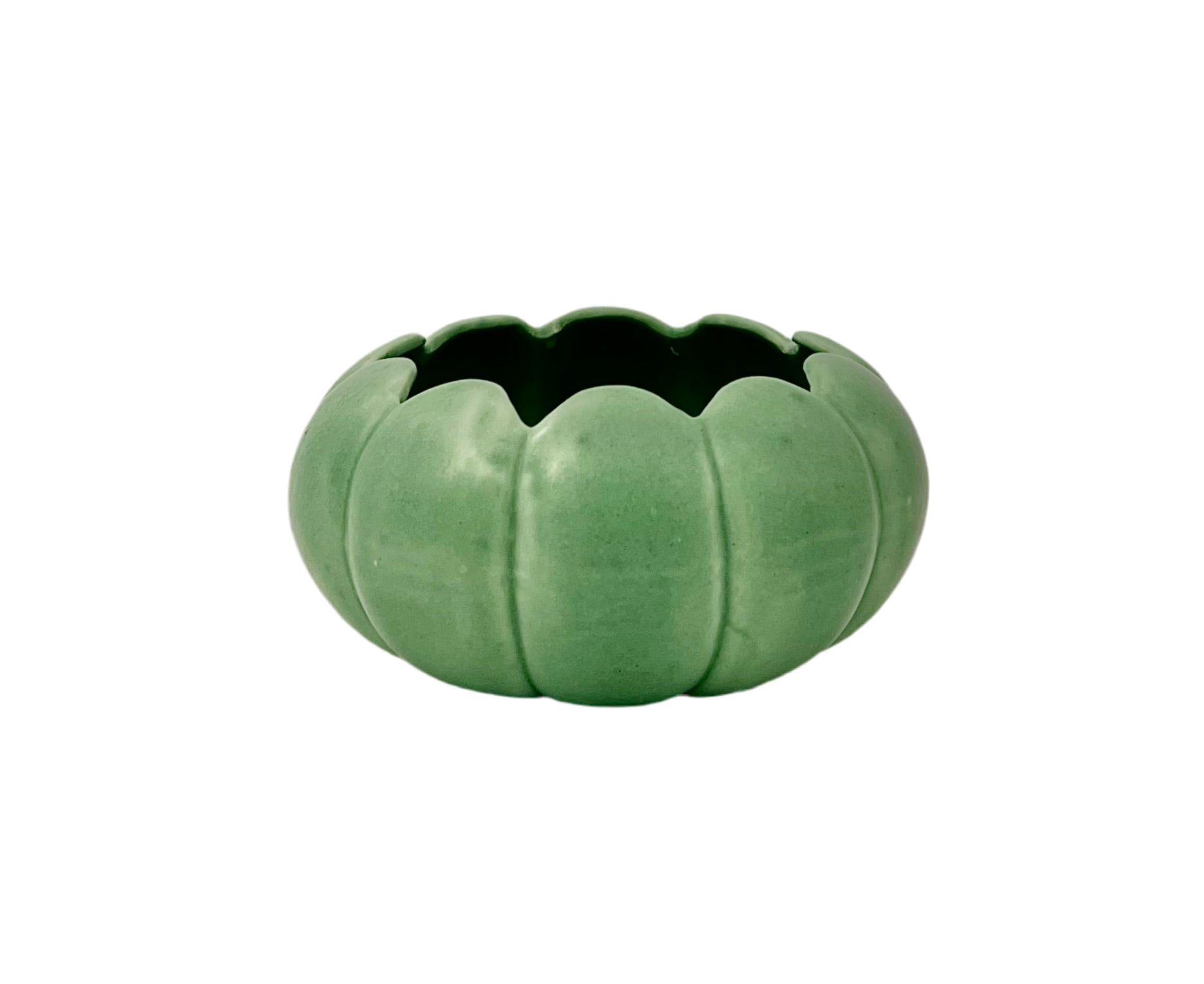 VINTAGE BATES CHICAGO GREEN MELON POTTERY BOWL – ART DECO RIBBED DESIGN – CIRCA 1930s – AMERICAN STUDIO CERAMIC