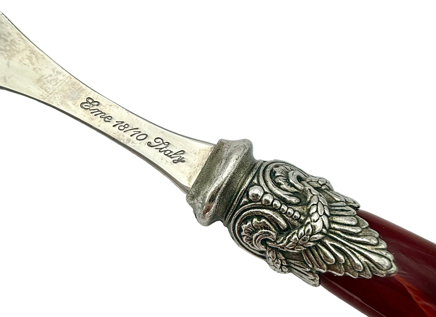 VINTAGE EME ZINOX ITALY SALAD FORK – BURGUNDY LUCITE HANDLE WITH ORNATE SILVER DETAIL – MADE IN ITALY