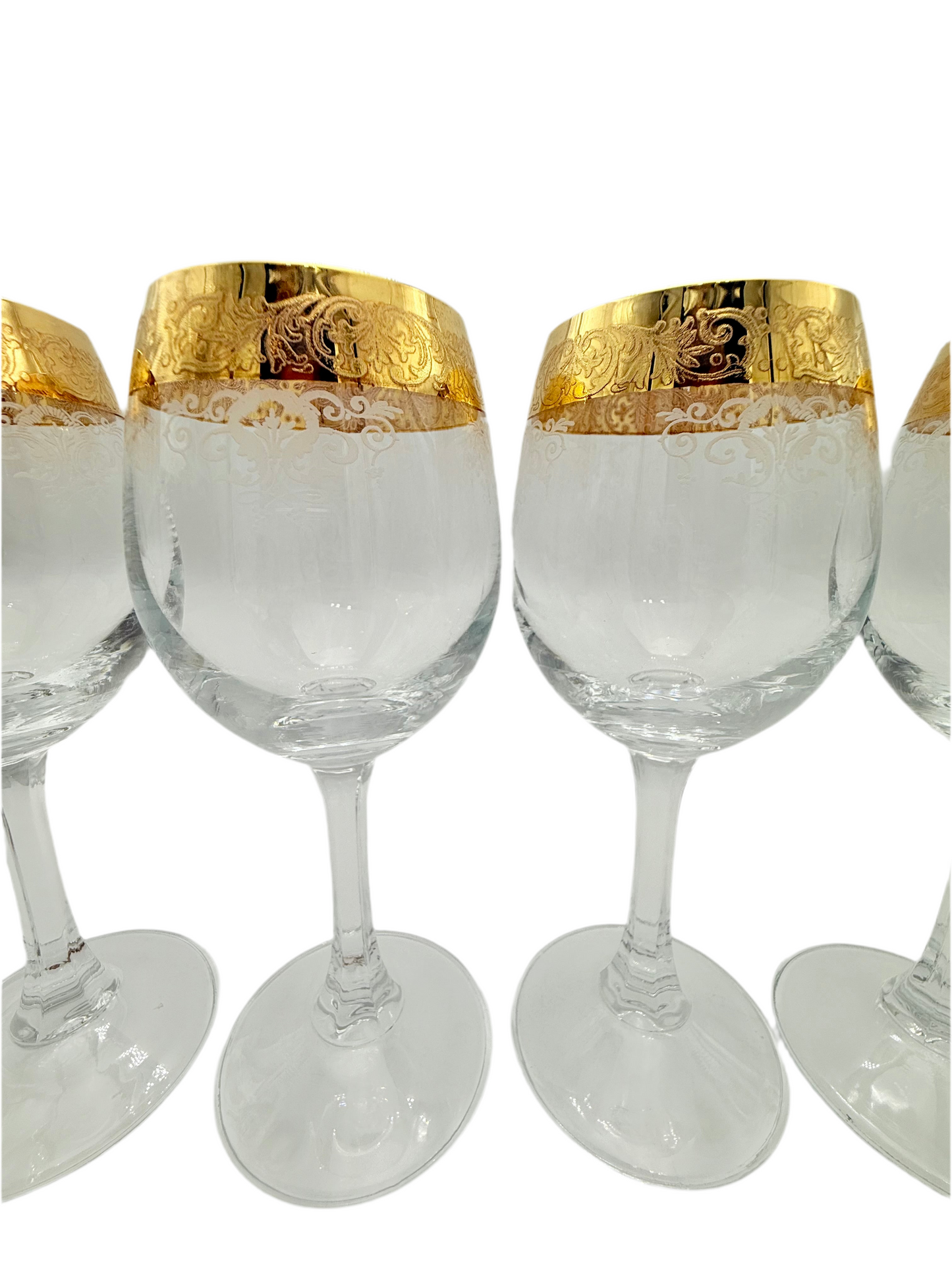 VINTAGE ITALIAN CELLINI GOLD-ENCRUSTED ETCHED CRYSTAL WINE GLASSES — SET OF 4 (6.58”)