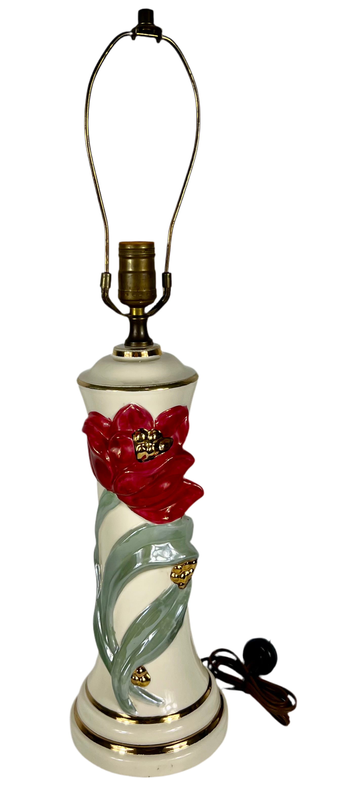 VINTAGE FLORAL CERAMIC LAMP – RED BLOOM WITH GOLDEN TOUCHES