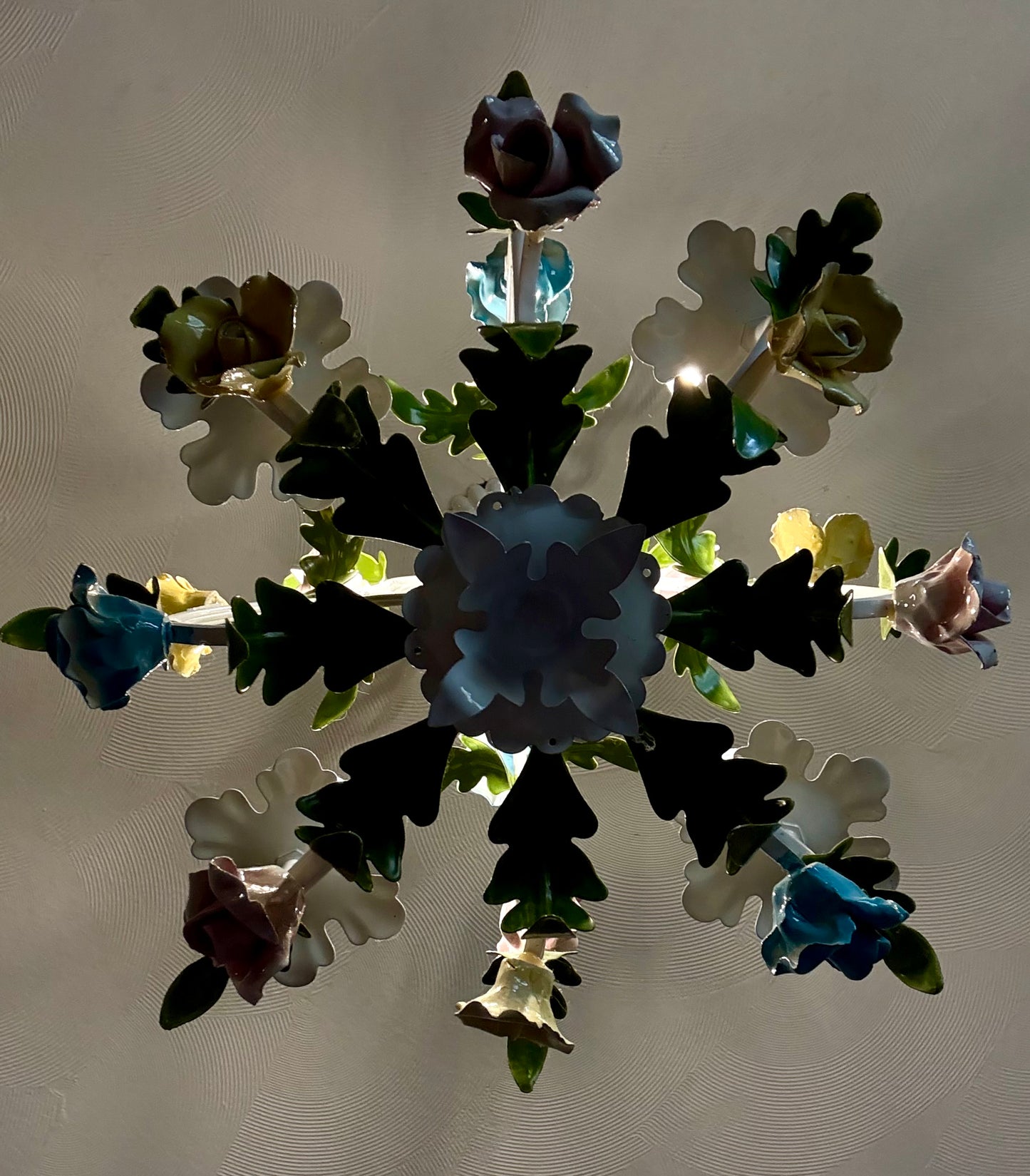 VINTAGE ITALIAN TOLE FLORAL CHANDELIER – HAND PAINTED HOLLYWOOD REGENCY EUROPEAN GARDEN LIGHTING