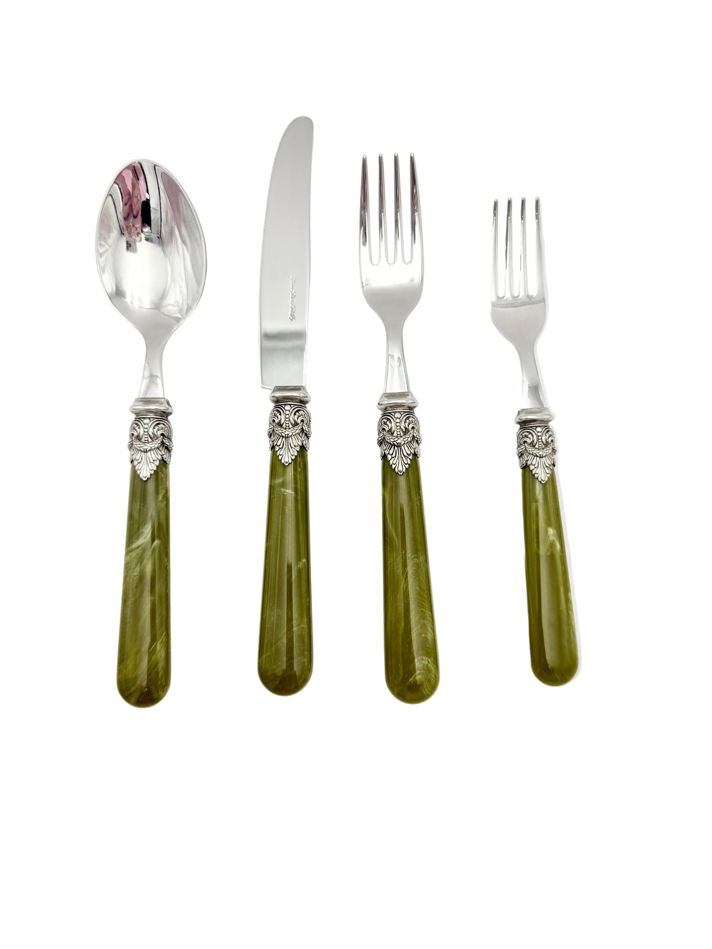 RARE GREEN EME ZINOX ITALY FLATWARE SET – 4 PIECE LUXURY PLACE SETTING WITH ORNATE SILVER DETAIL – VINTAGE ITALIAN REGENCY FLATWARE