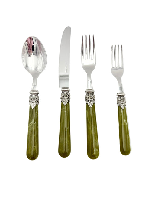 RARE GREEN EME ZINOX ITALY FLATWARE SET – 4 PIECE LUXURY PLACE SETTING WITH ORNATE SILVER DETAIL – VINTAGE ITALIAN REGENCY FLATWARE