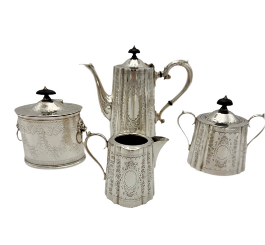 ANTIQUE ART NOUVEAU BARKER ELLIS TEAPOT, CREAMER, SUGER, COOKIE SET, ENGLAND EARLY 1900s