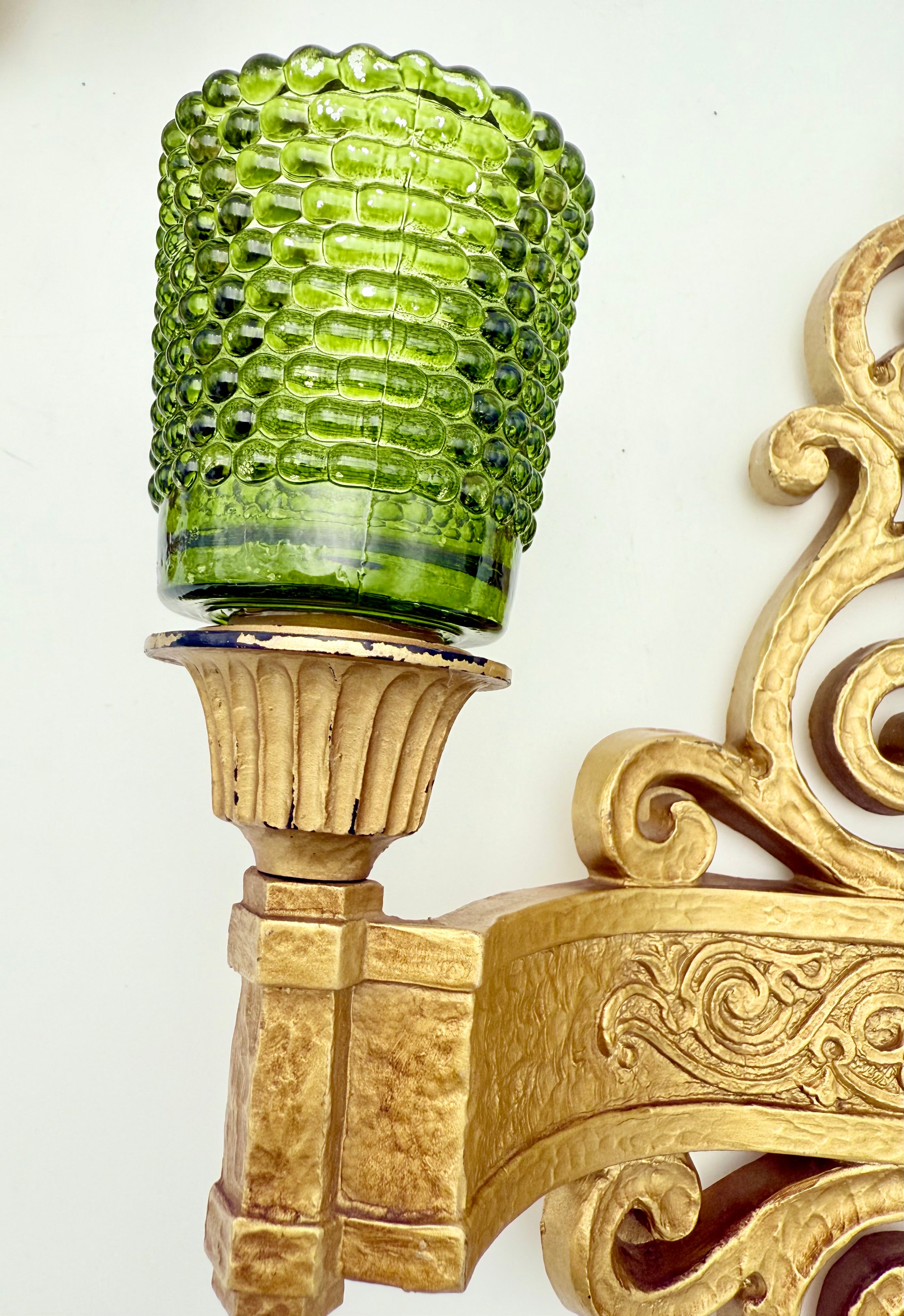 VINTAGE 1969 SYROCO GOLD SCROLL WALL SCONCES WITH GREEN HOBNAIL GLASS CUPS