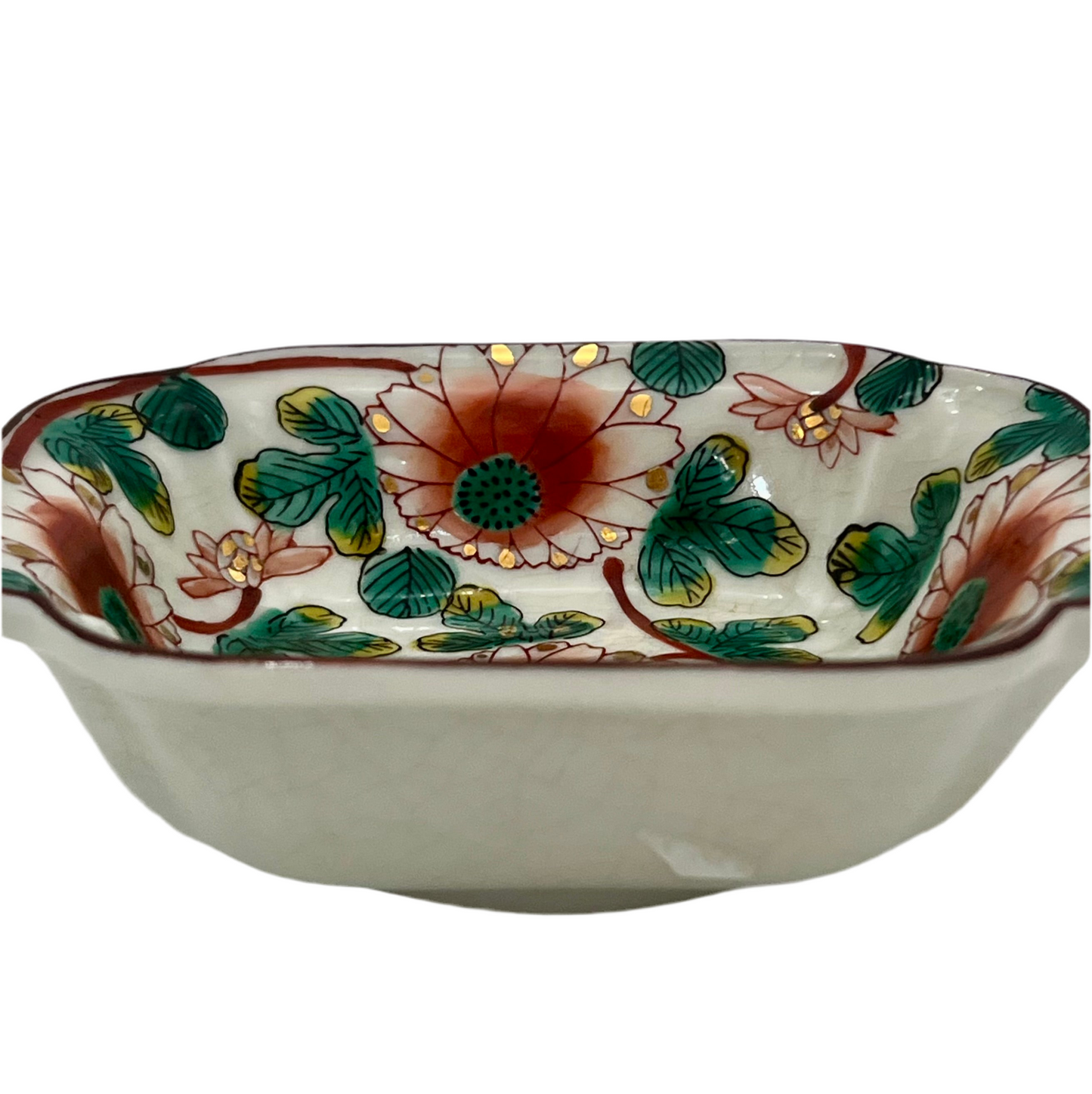 VINTAGE 1975 FITZ & FLOYD JAPANESE KUTANI STYLE PORCELAIN TRINKET DISH | HAND PAINTED FLORAL | GILT ACCENTS