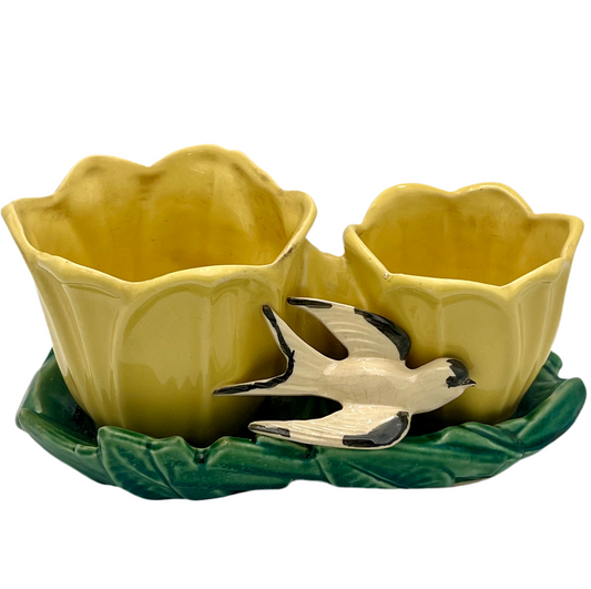 MCCOY POTTERY DOUBLE YELLOW TULIP PLANTER WITH A SWALLOW, CIRCA 1948