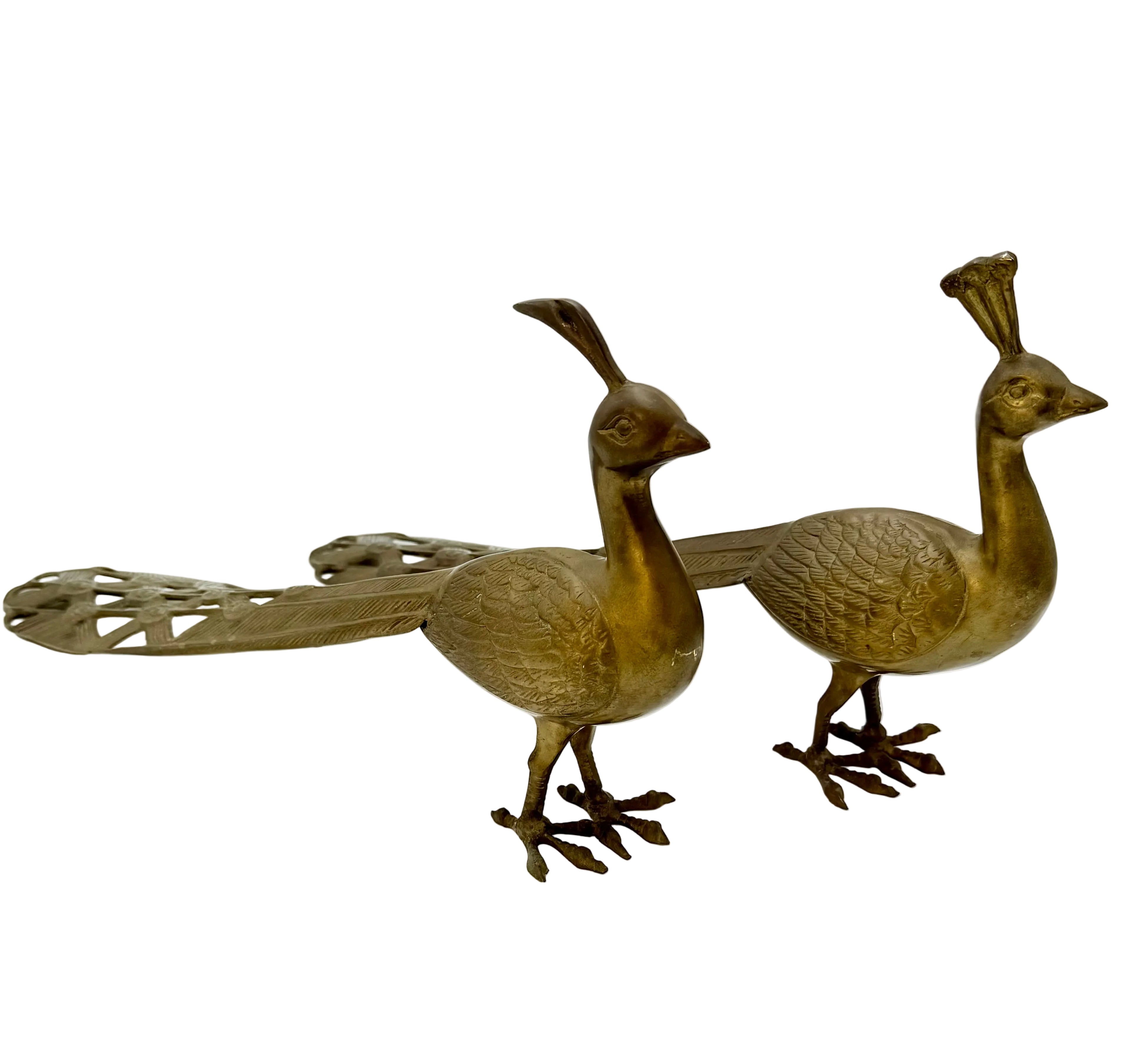 VINTAGE BRASS PEACOCK FIGURINES PAIR | HOLLYWOOD REGENCY MID CENTURY INDIAN BRASS DECOR