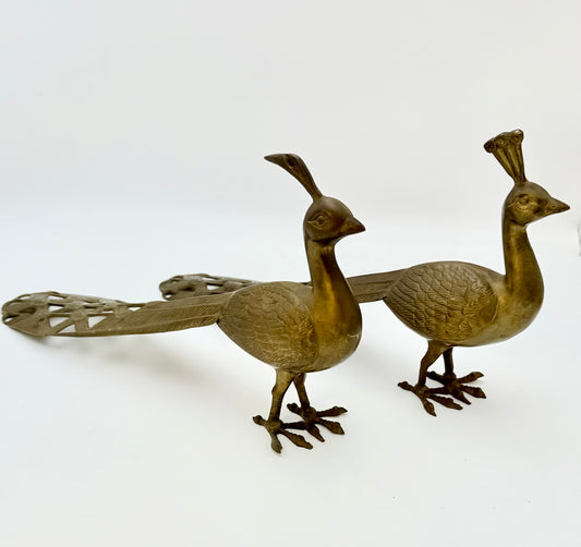 VINTAGE BRASS PEACOCK FIGURINES PAIR | HOLLYWOOD REGENCY MID CENTURY INDIAN BRASS DECOR