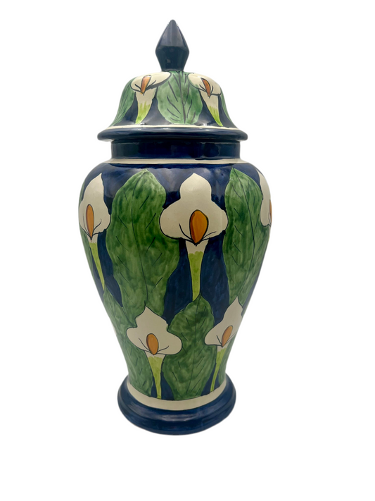 VINTAGE MEXICAN FOLK ART CALLA LILLY  HAND PAINTED MORA POTTERY LARGE VASE