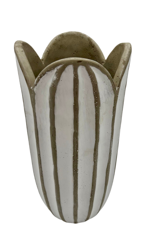 SCALLOPED RUSTIC STRIPED POTTERY BOHO VASE – NEUTRAL BEIGE & WHITE DECOR PIECE
