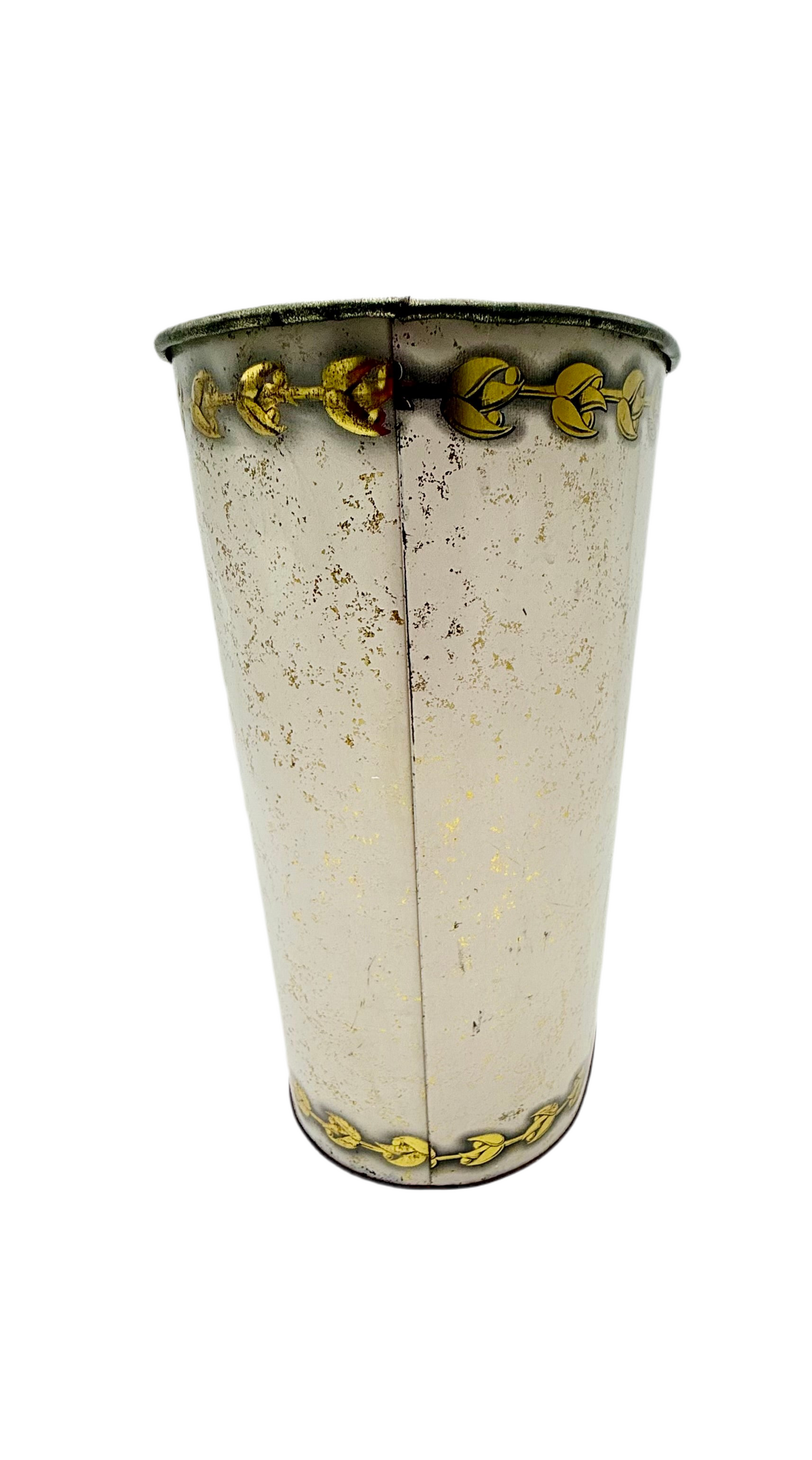 VINTAGE ITALIAN GILT TOLE WASTEBASKET WITH LAUREL WREATH AND RIBBON MOTIF – HOLLYWOOD REGENCY STYLE