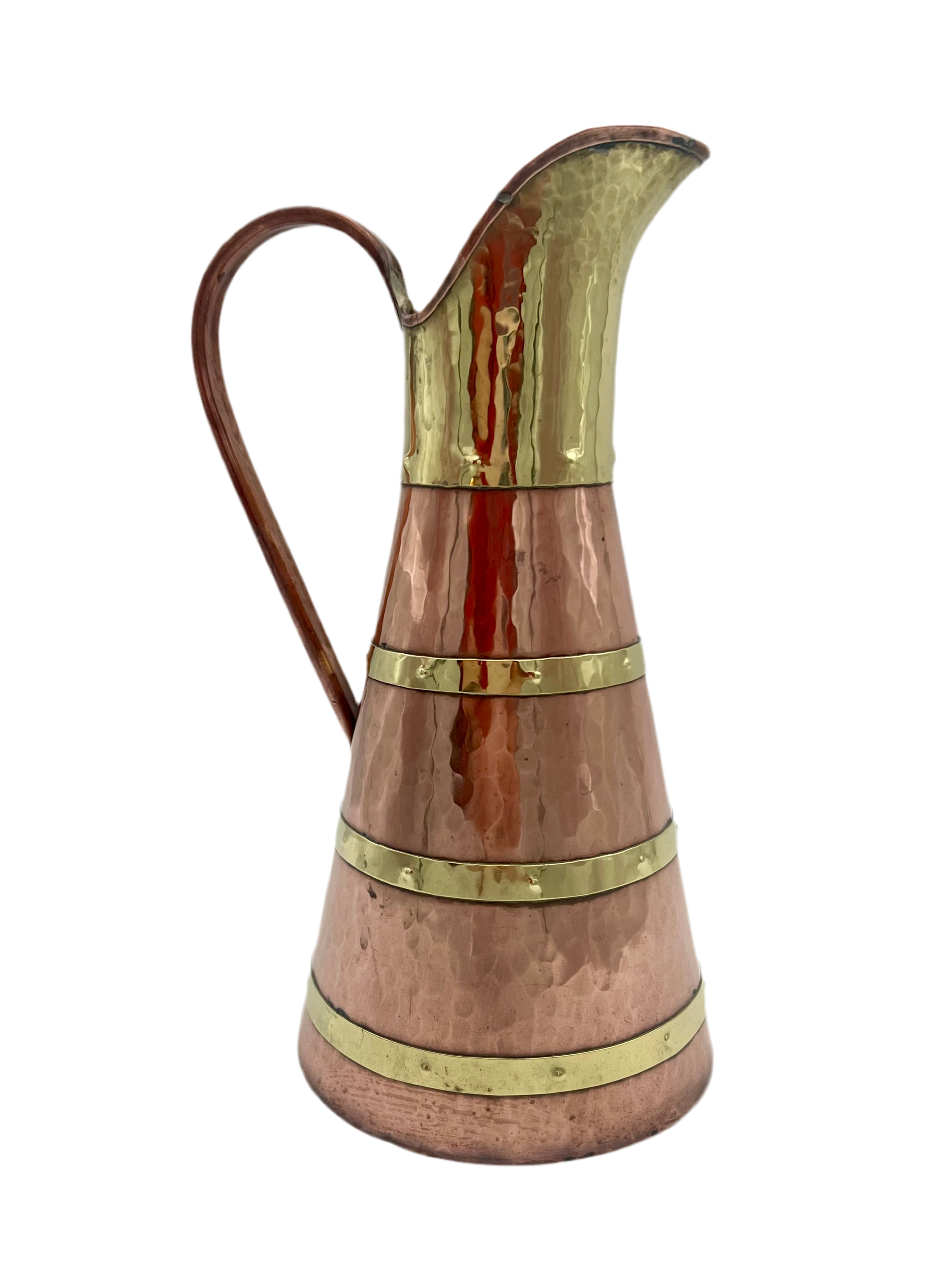 VINTAGE ENGLISH STYLE HAMMERED COPPER & BRASS PITCHER – 11.5 INCH TALL WATER EWER WITH RIVETED BANDS – ARTS & CRAFTS DECOR