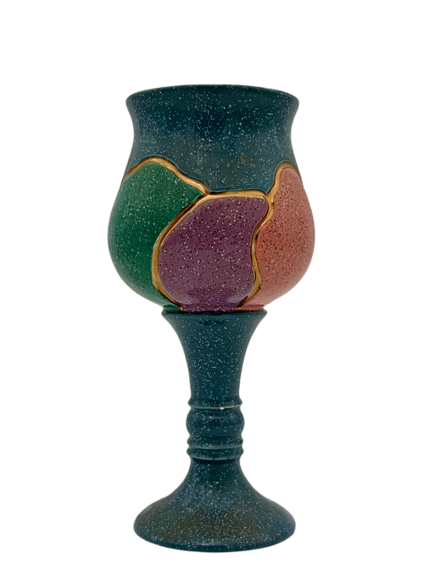 VINTAGE 1980S ARTISAN STUDIO POTTERY GOBLET VASE WITH ABSTRACT COLOR BLOCKING AND GOLD DETAILING