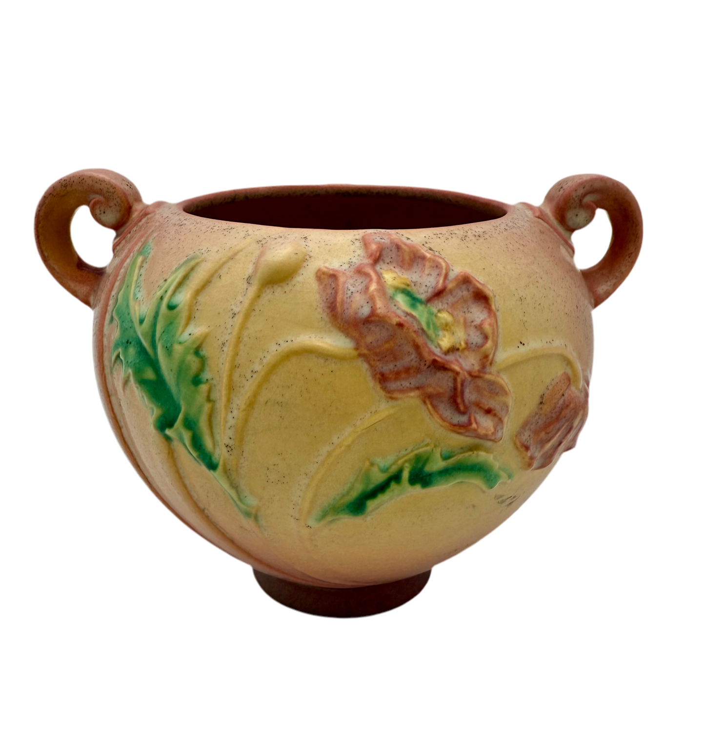 ROSEVILLE POTTERY POPPY 335-6 ART POTTERY BOWL • 1930s TWO-HANDLED SCULPTED FLORAL JARDINIERE