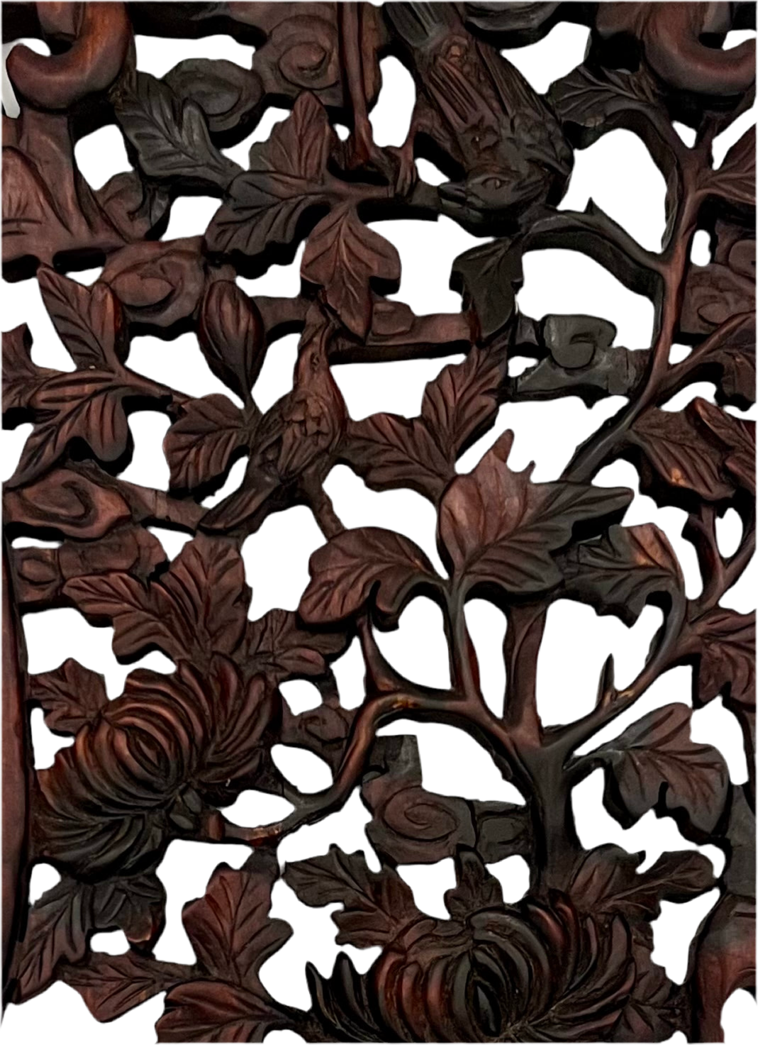 Antique Chinese Hand-Carved Hardwood Panel – Birds, Chrysanthemums & Foliage (24”)