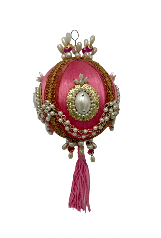 VINTAGE PINK SATIN JEWELED ORNAMENT – FABERGÉ STYLE PEARL TASSEL BALL – 1960s HANDMADE HOLIDAY DECOR