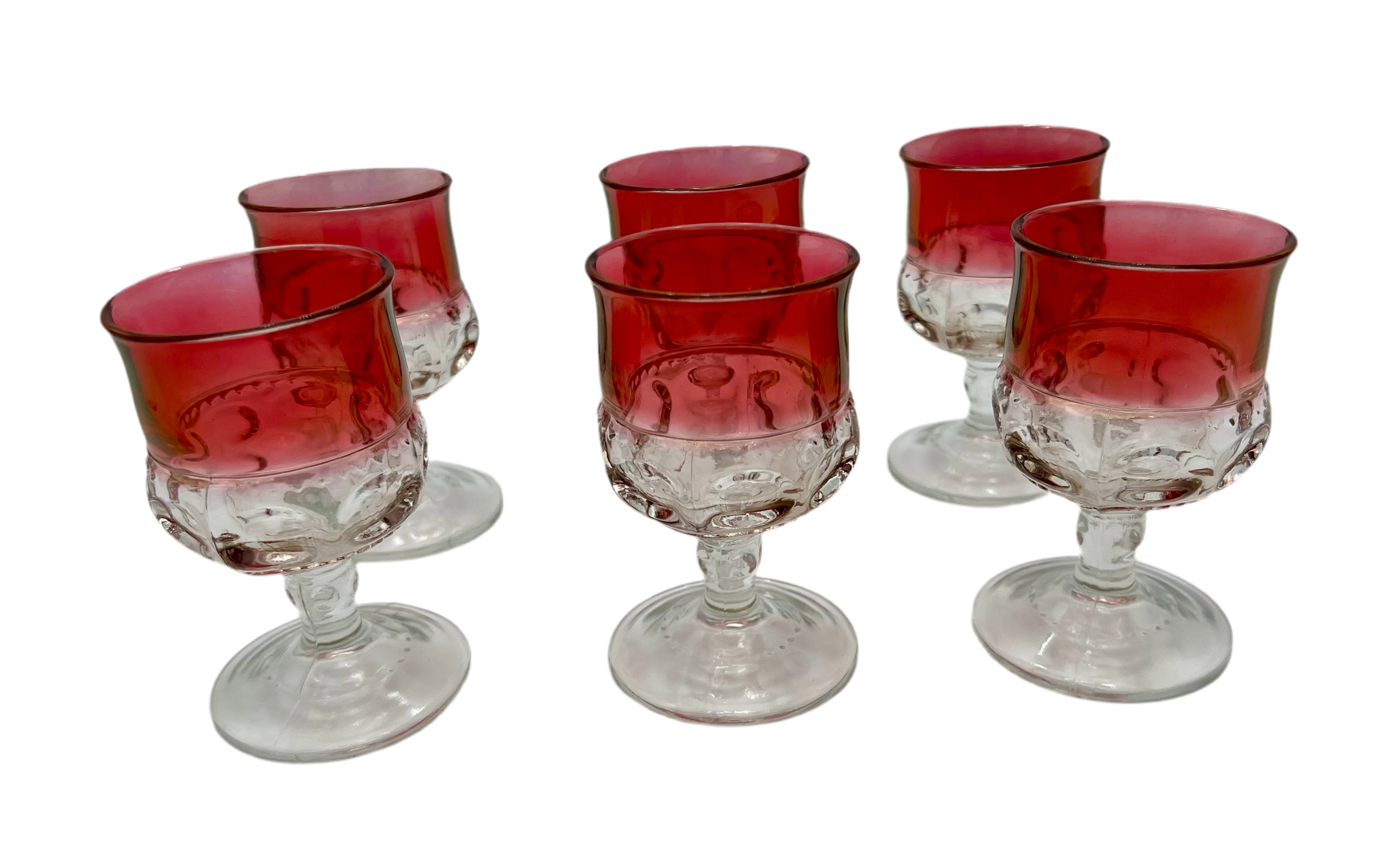 VINTAGE KINGS CROWN THUMBPRINT RUBY FLASH CORDIAL GLASSES – SET OF 6 MID CENTURY RED STEMWARE