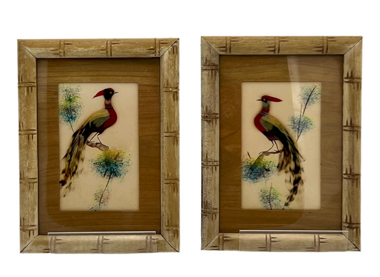 PAIR OF MID-CENTURY MEXICAN FEATHER BIRD ART IN BAMBOO FRAMES | 1950S HANDCRAFTED TROPICAL WALL DECOR | VIBRANT EXOTIC VINTAGE HOME ACCENT