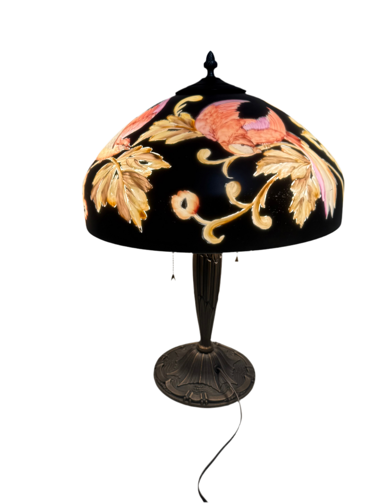 VINTAGE REVERSE-PAINTED GLASS LAMP WITH BIRD & BLOSSOMS