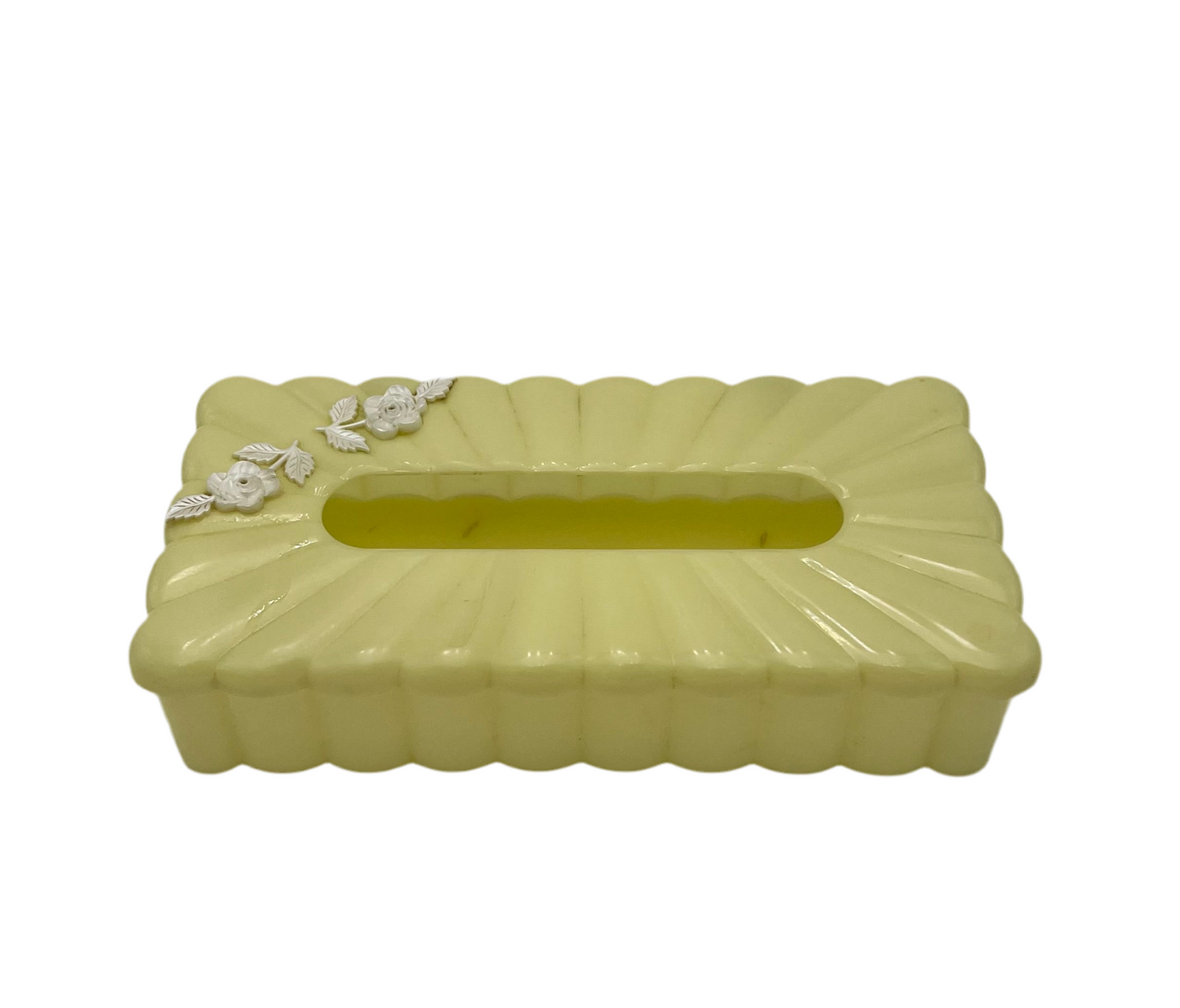 VINTAGE MENDA CO. YELLOW LUCITE TISSUE BOX COVER WITH WHITE FLORAL ACCENTS – 1950s MID CENTURY VANITY DECOR