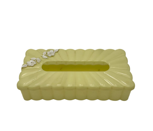 VINTAGE MENDA CO. YELLOW LUCITE TISSUE BOX COVER WITH WHITE FLORAL ACCENTS – 1950s MID CENTURY VANITY DECOR