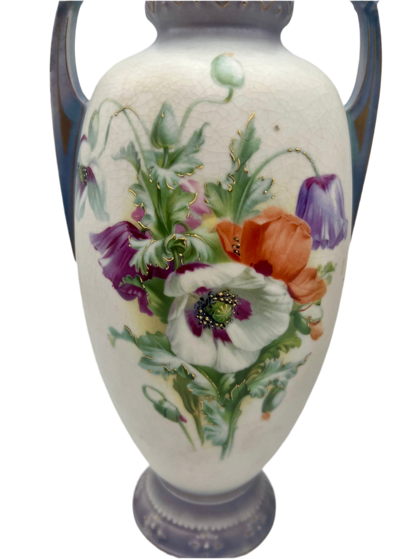 PAIR OF ANTIQUE ART NOUVEAU POPPY VASES – HAND-PAINTED FLORAL CERAMIC URNS WITH CRACKLE GLAZE