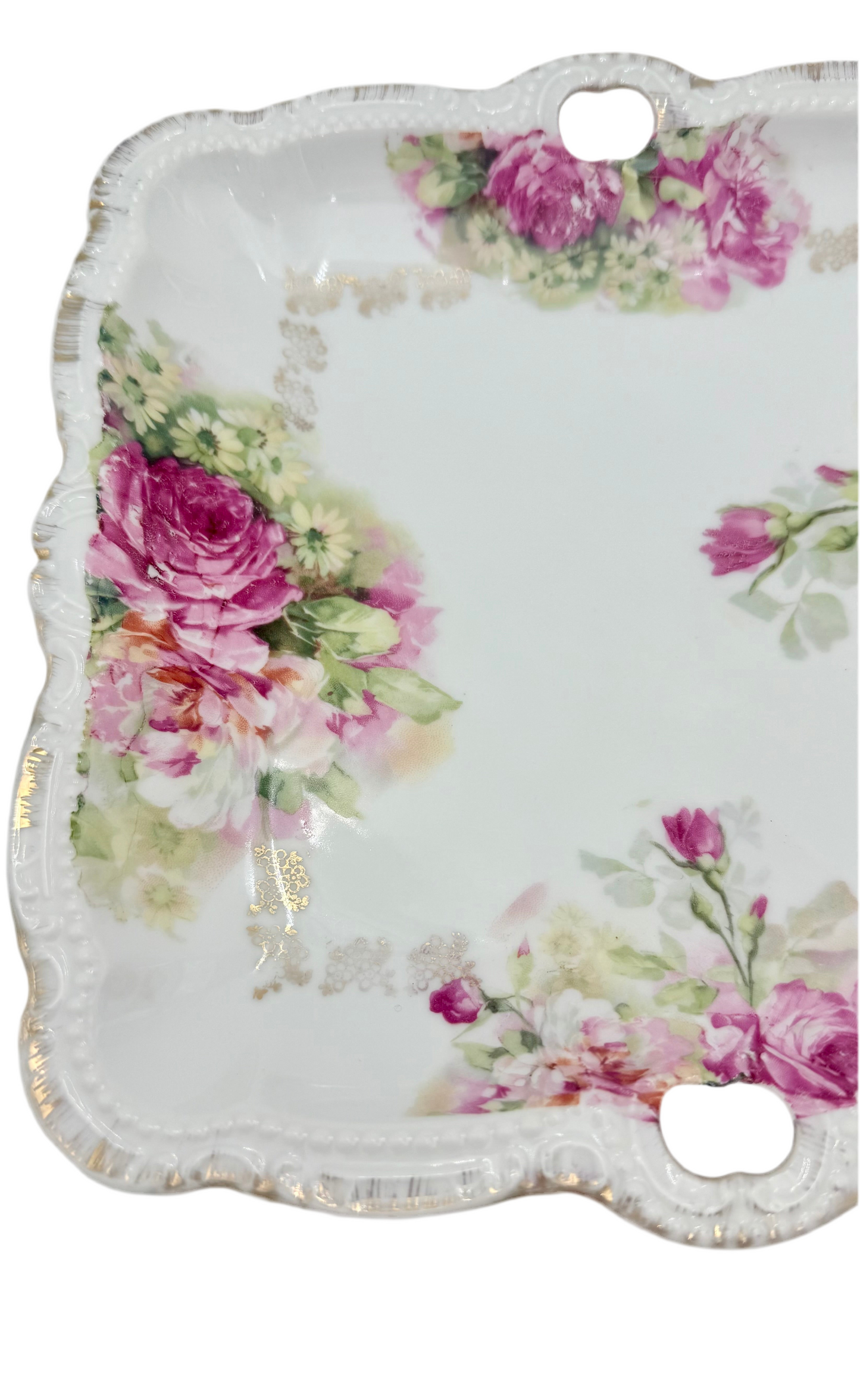 ANTIQUE HAND-DECORATED PORCELAIN FLORAL TRAY – GOLD LACE DETAIL & PINK ROSES – EARLY 1900s VICTORIAN BAVARIAN STYLE