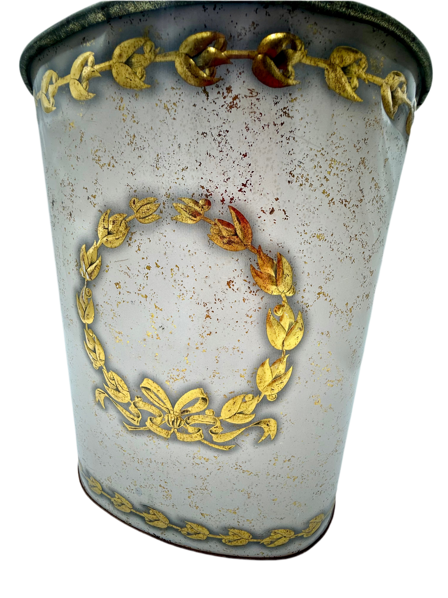 VINTAGE ITALIAN GILT TOLE WASTEBASKET WITH LAUREL WREATH AND RIBBON MOTIF – HOLLYWOOD REGENCY STYLE