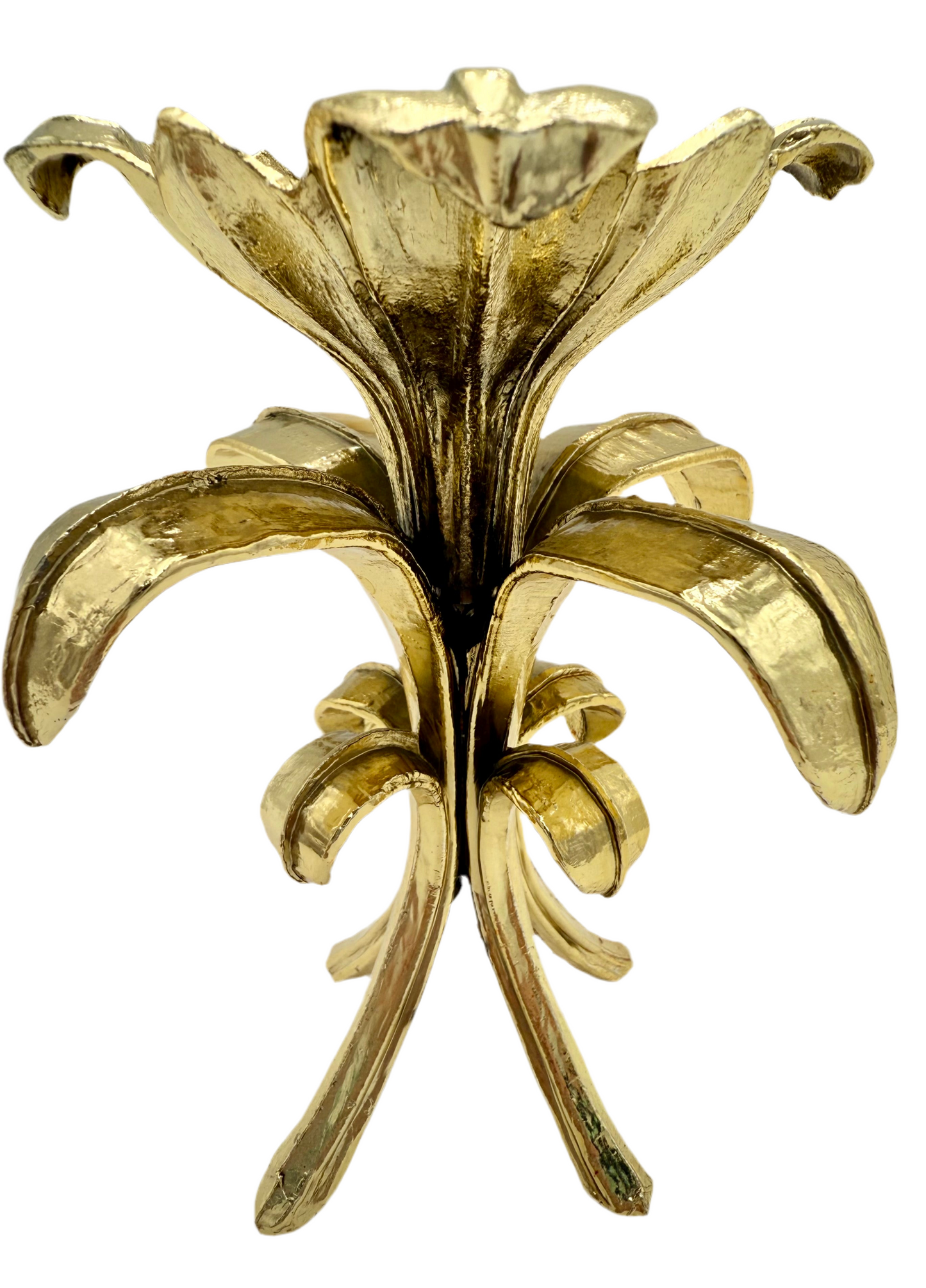 VINTAGE ITALIAN GILT TOLE LILY FLOWER CANDLE HOLDER – HOLLYWOOD REGENCY GOLD FLORAL DECOR – 1950s FLORENTINE STYLE – 5.5” TALL
