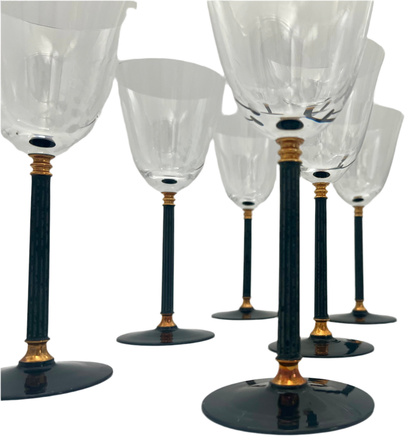 VINTAGE set of 8 1990s SASAKI TUCANO BLACK STEM WITH GOLD ACCENT WATER/WINE GOBLET