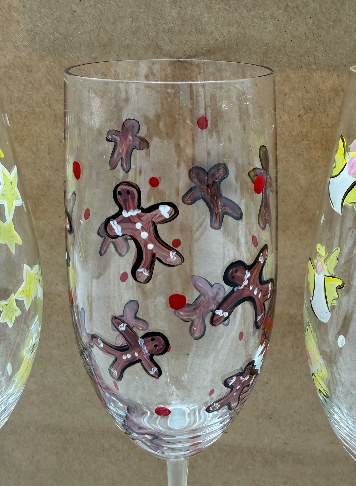 Hand Painted Christmas Champagne Flutes Set of 4, Vintage Holiday Glasses, Angels Reindeer Gingerbread Stars, Whimsical Stemware