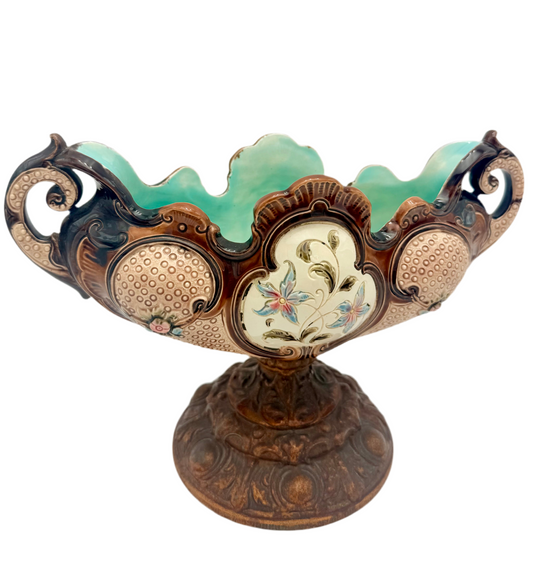 ANTIQUE VICTORIAN MAJOLICA PEDESTAL PLANTER – HAND PAINTED FLORAL SCALLOPED BOWL
