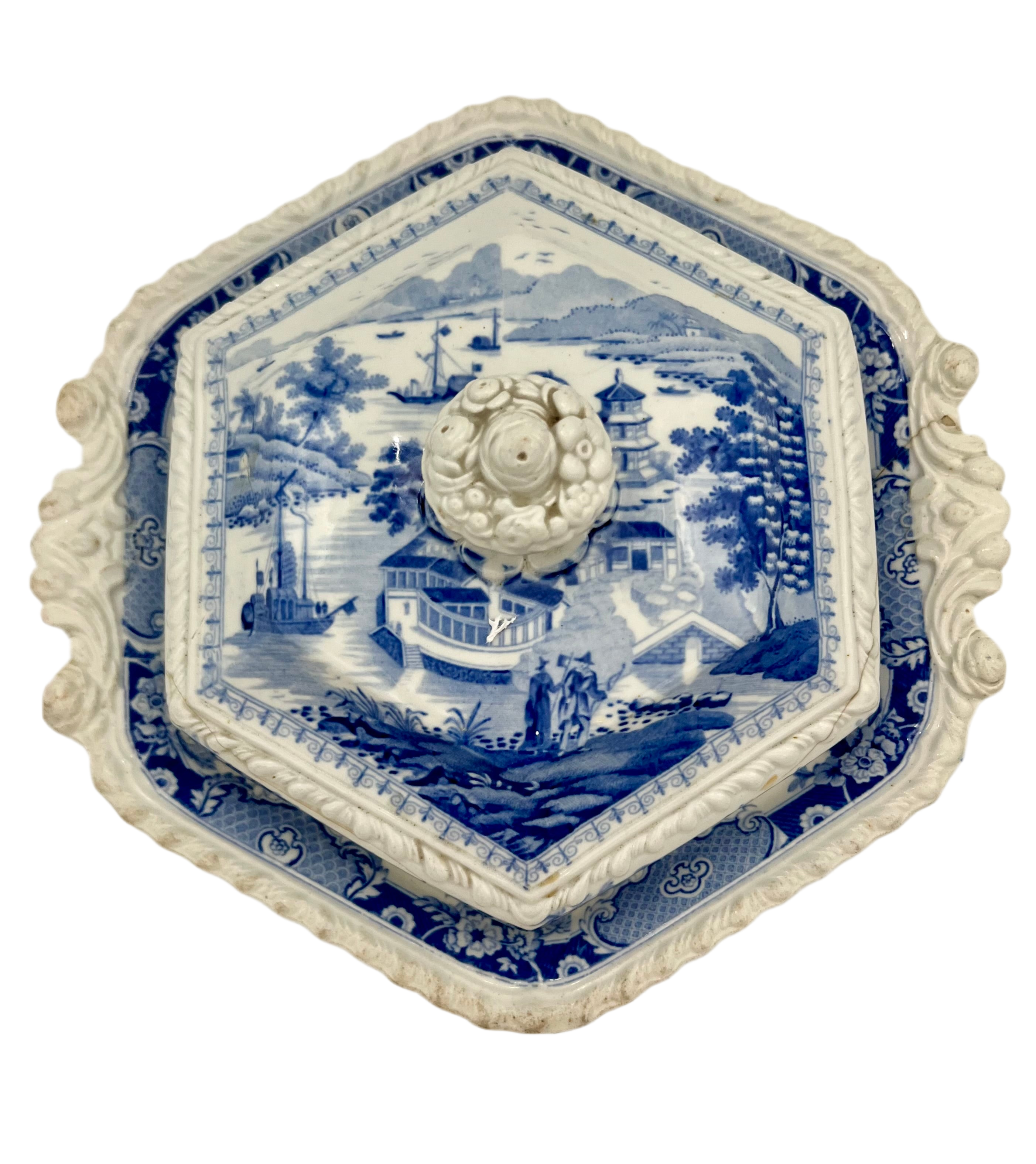 ANTIQUE STAFFORDSHIRE BLUE & WHITE COVERED TUREEN – “INDIAN TEMPLE” PATTERN JWR STONE CHINA C.1830s