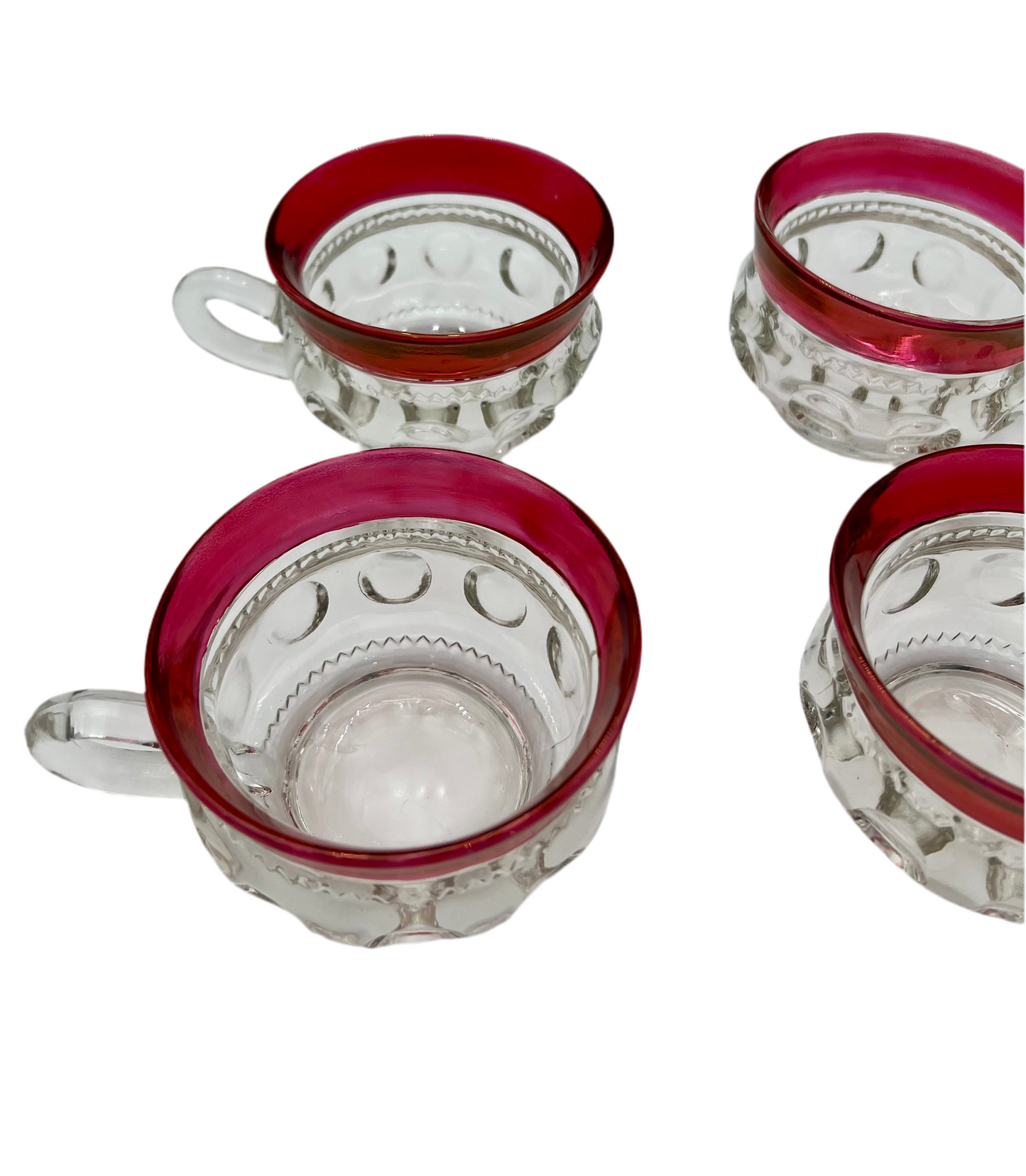 RARE MID-CENTURY PUNCH BOWL CUP SET OF 4 VINTAGE KINGS CROWN RUBY RED THUMBPRINT