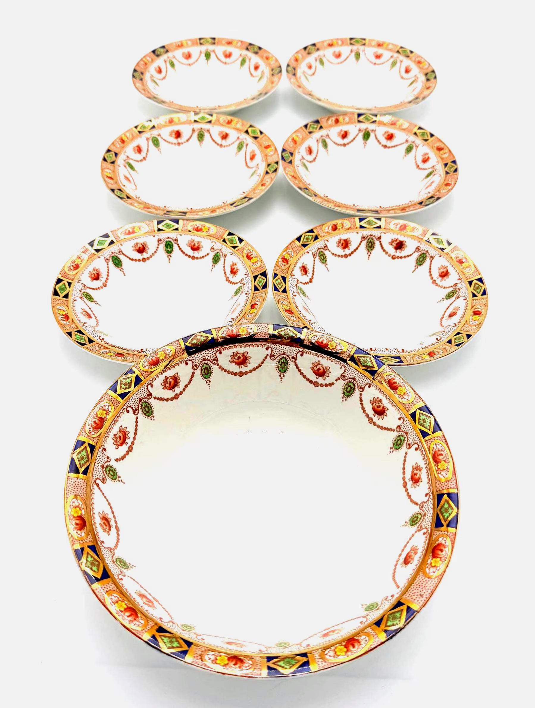 ANTIQUE ALFRED MEAKIN ENGLISH BERRY BOWL SET | 7 PIECE HAND GILDED PORCELAIN SERVING SET