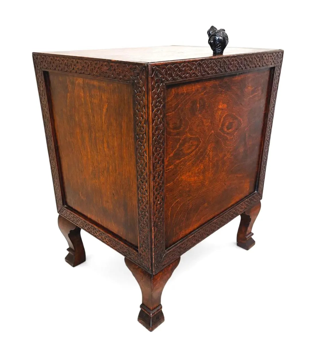 ANTIQUE ENGLISH OAK PURDONIUM CABINET – CELTIC REVIVAL ARTS & CRAFTS STORAGE CHEST WITH FROG FINIAL