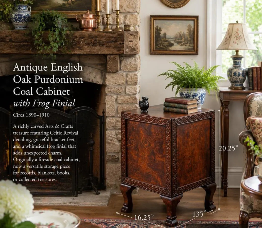 ANTIQUE ENGLISH OAK PURDONIUM CABINET – CELTIC REVIVAL ARTS & CRAFTS STORAGE CHEST WITH FROG FINIAL