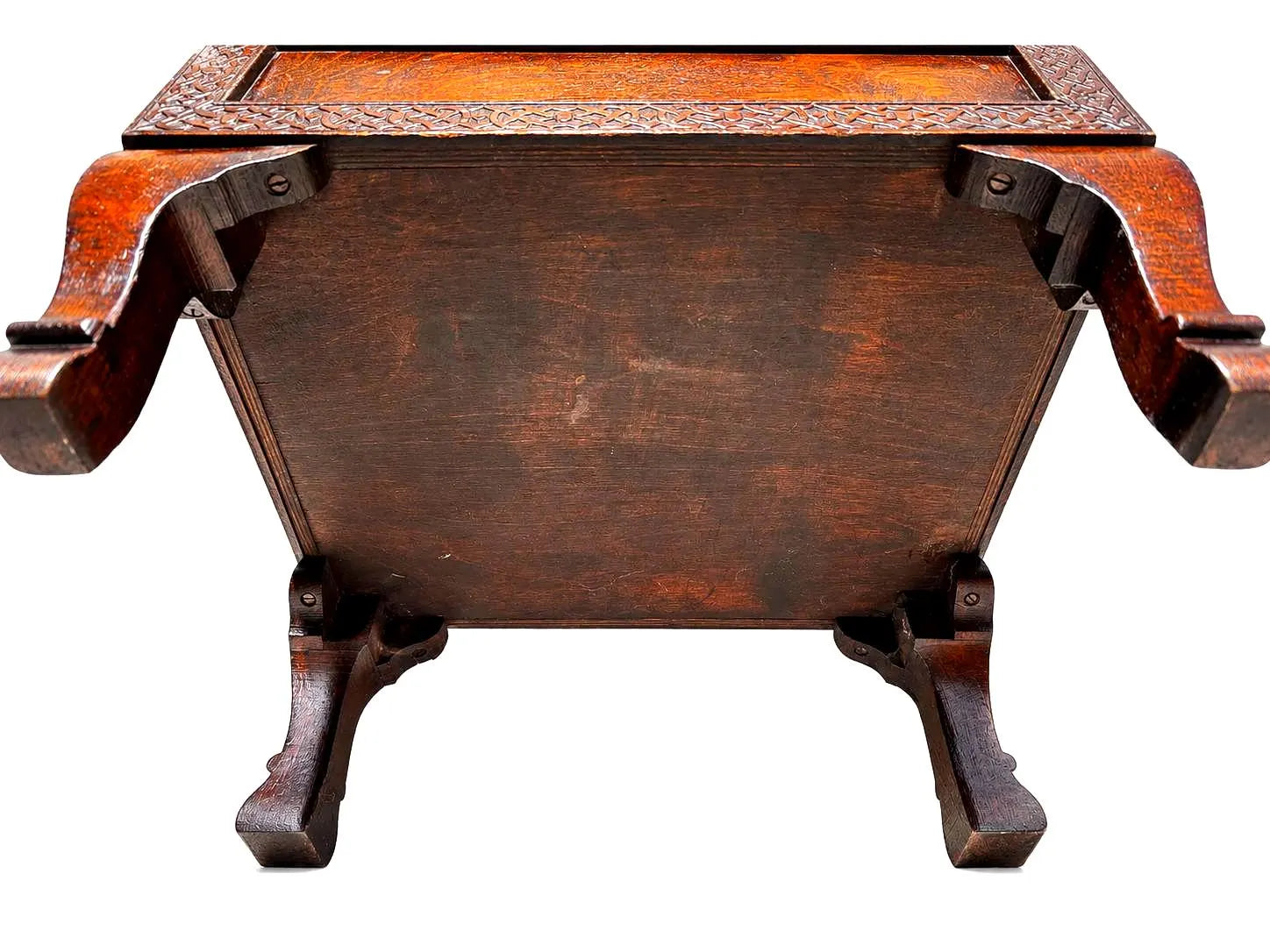 ANTIQUE ENGLISH OAK PURDONIUM CABINET – CELTIC REVIVAL ARTS & CRAFTS STORAGE CHEST WITH FROG FINIAL