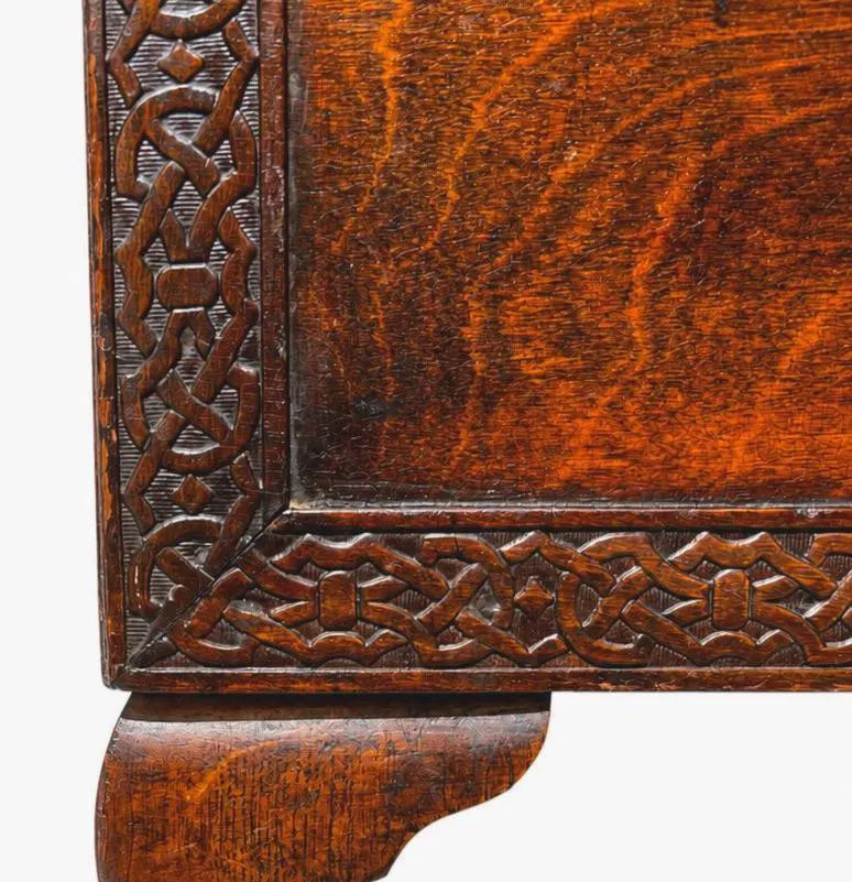 ANTIQUE ENGLISH OAK PURDONIUM CABINET – CELTIC REVIVAL ARTS & CRAFTS STORAGE CHEST WITH FROG FINIAL