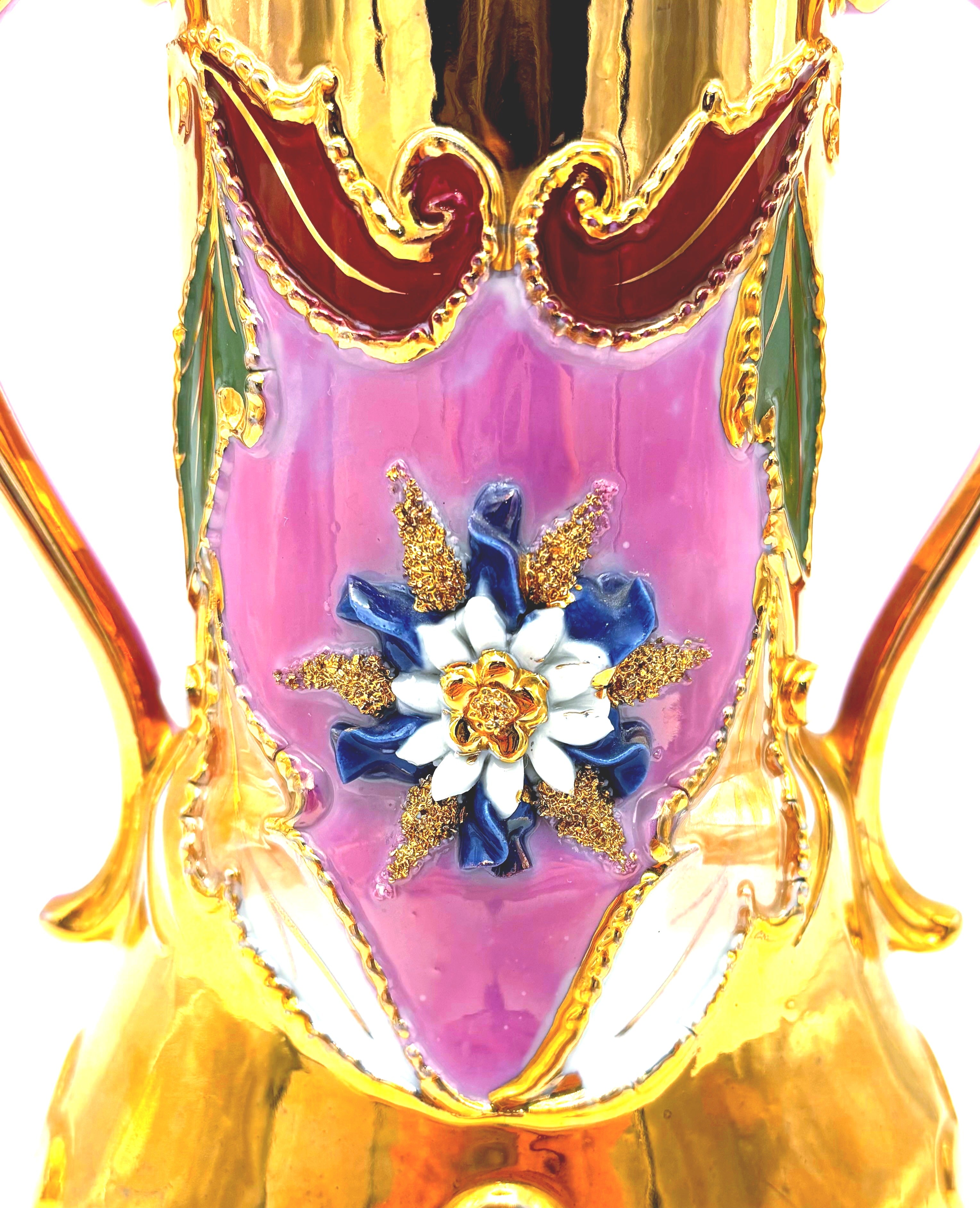 ANTIQUE GERMAN PINK & GOLD ROCOCO PORCELAIN TWO-HANDLED VASE