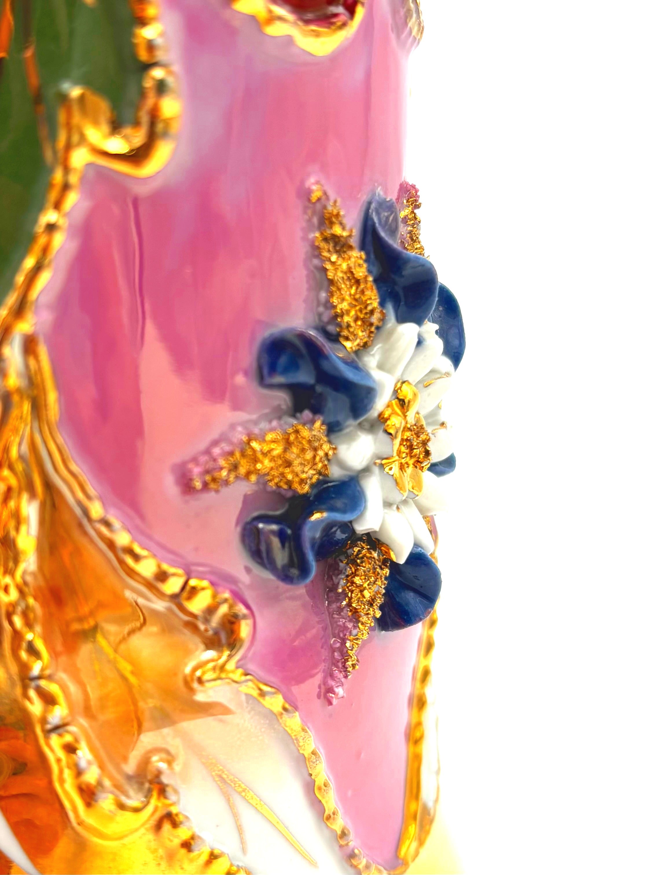 ANTIQUE GERMAN PINK & GOLD ROCOCO PORCELAIN TWO-HANDLED VASE