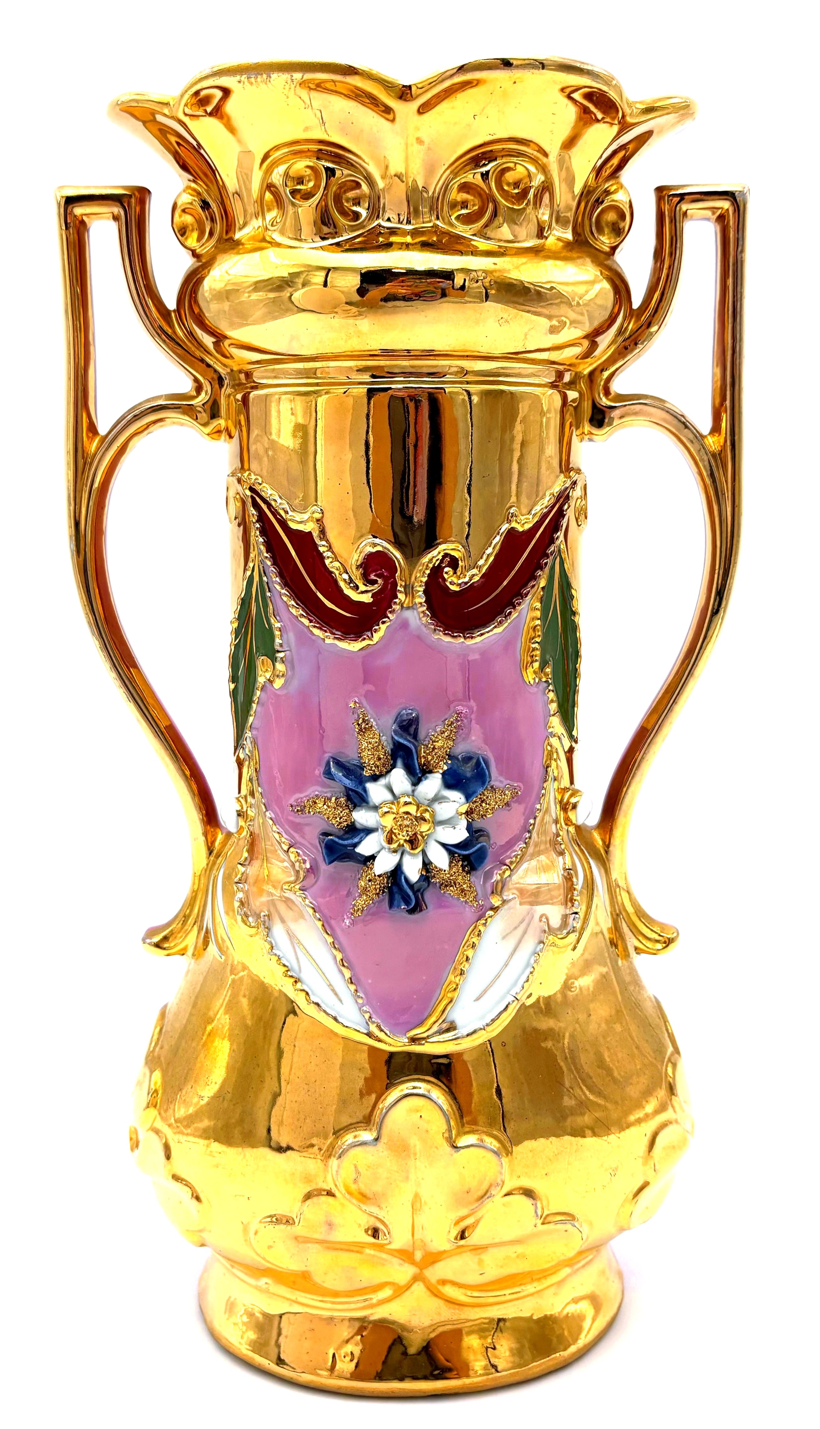 ANTIQUE GERMAN PINK & GOLD ROCOCO PORCELAIN TWO-HANDLED VASE