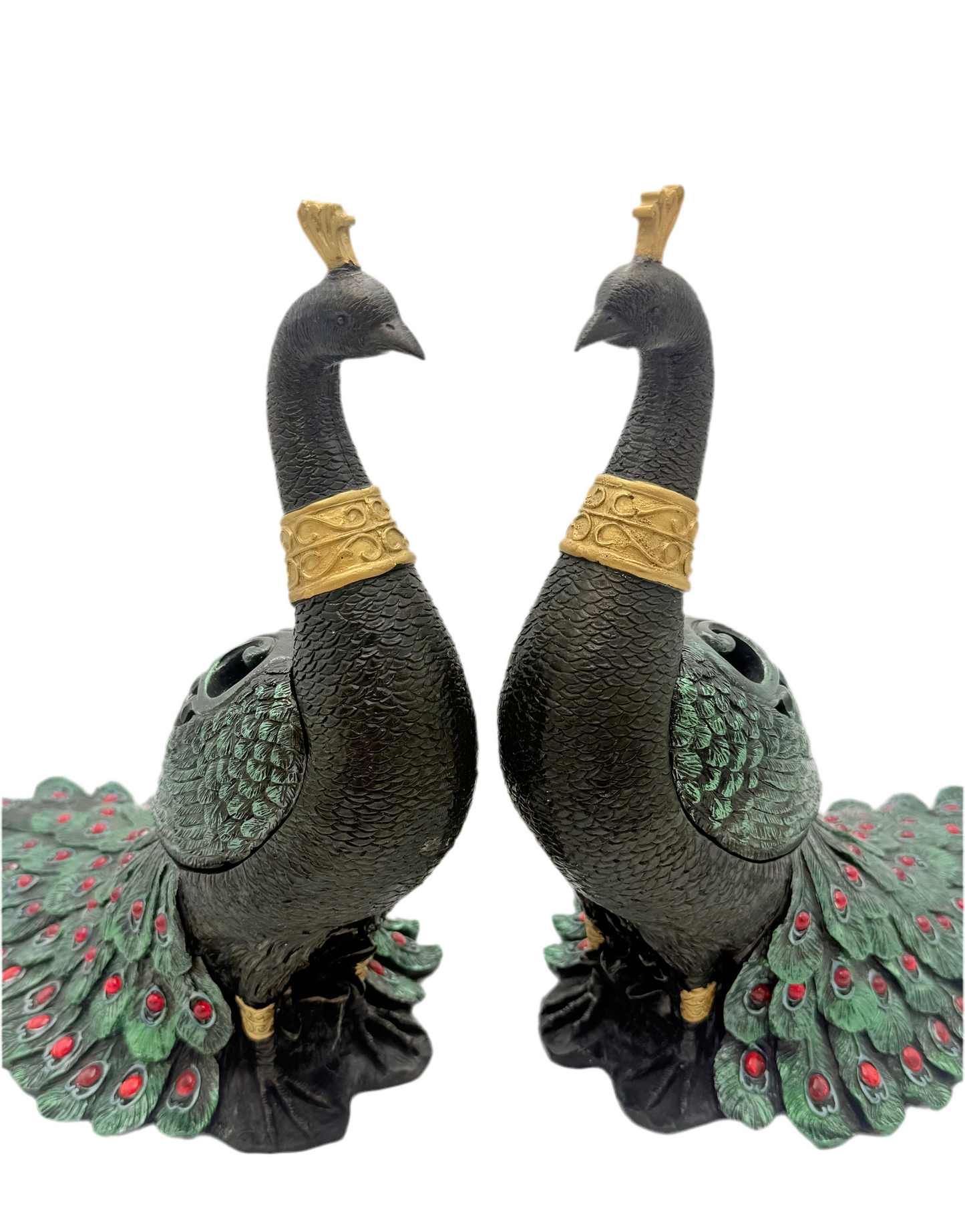 PAIR OF VINTAGE BLACK RED GREEN AND GOLD PEACOCKS WITH STORAGE