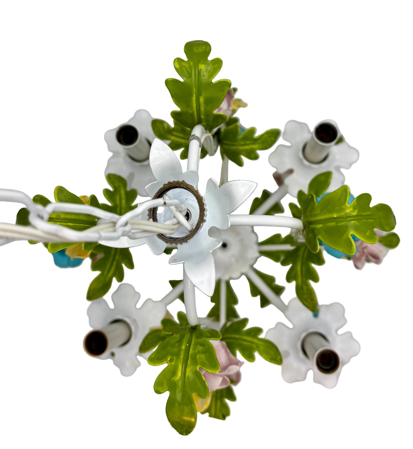 VINTAGE ITALIAN TOLE FLORAL CHANDELIER – HAND PAINTED HOLLYWOOD REGENCY EUROPEAN GARDEN LIGHTING