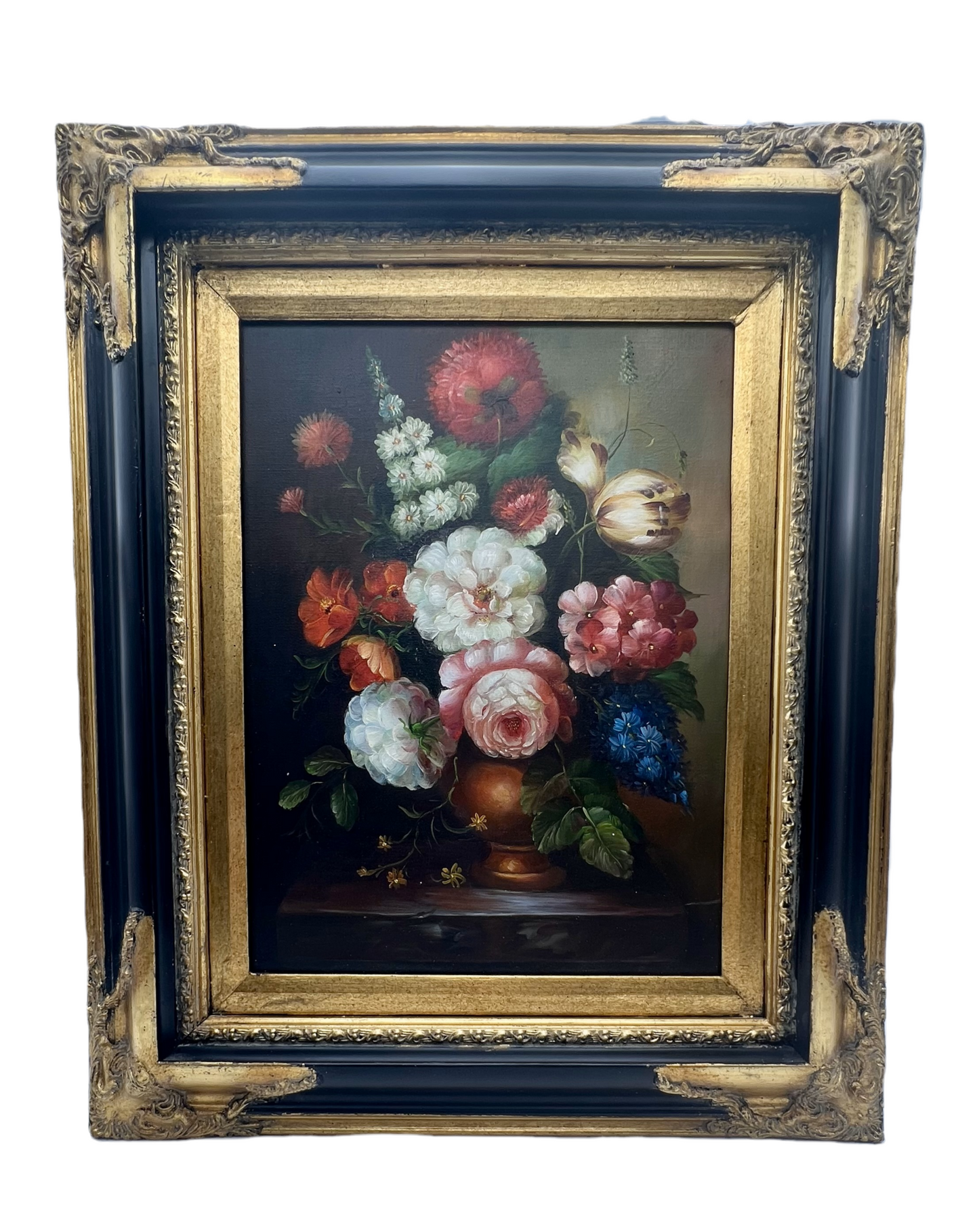 ANTIQUE STYLE FLORAL STILL LIFE OIL PAINTING WITH ORNATE FRAME