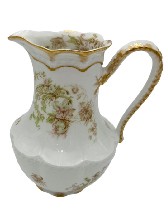ANTIQUE HAVILAND & CO LIMOGES FLORAL PITCHER – LATE 1800s FRENCH PORCELAIN WITH GOLD GILT DETAIL – ROMANTIC VICTORIAN ART NOUVEAU STYLE