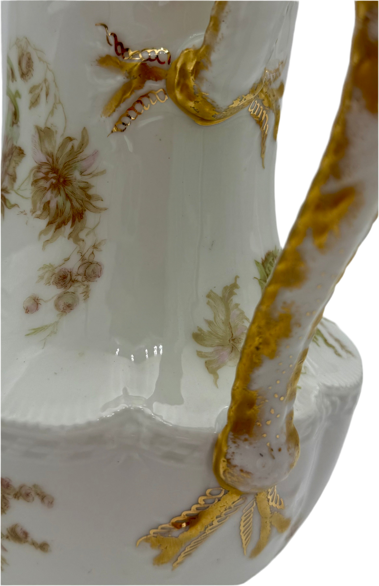 ANTIQUE HAVILAND & CO LIMOGES FLORAL PITCHER – LATE 1800s FRENCH PORCELAIN WITH GOLD GILT DETAIL – ROMANTIC VICTORIAN ART NOUVEAU STYLE